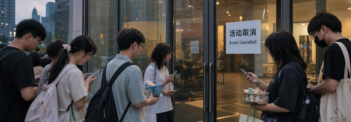 Realistic editorial image of young game fans outside a Beijing venue with an event canceled notice on the door.