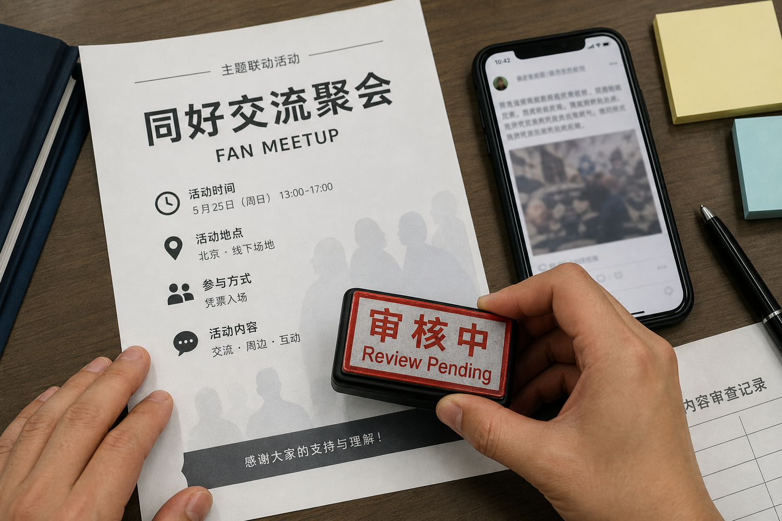 Realistic editorial image of a fan meetup poster and a review pending stamp representing content review pressure.