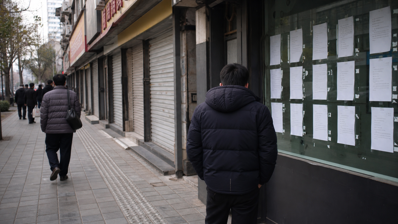 Realistic editorial image of a person viewing job notices near shuttered storefronts on a Chinese city street.
