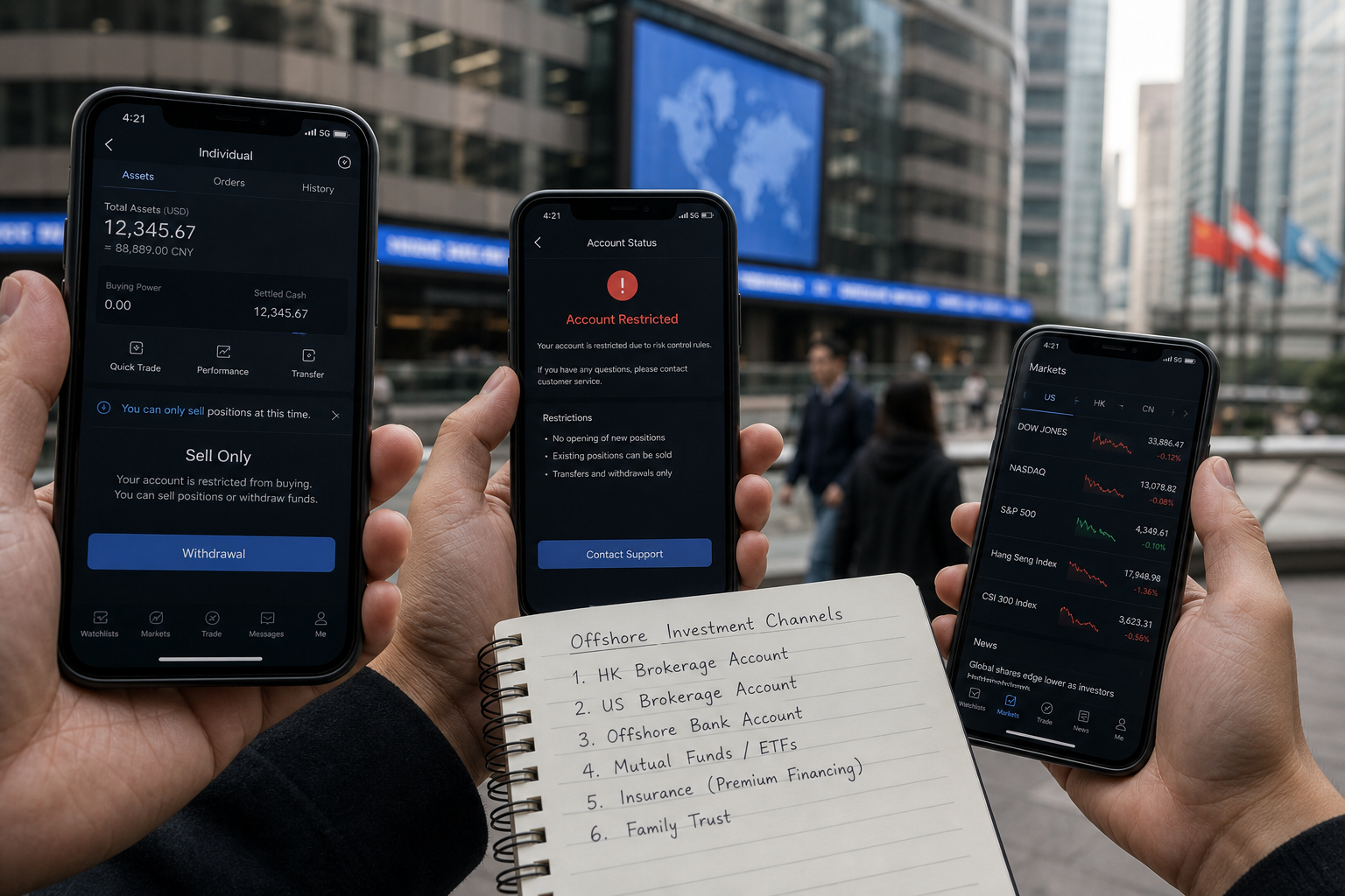 Realistic editorial image of mobile trading apps showing sell-only and withdrawal status after offshore brokerage restrictions.