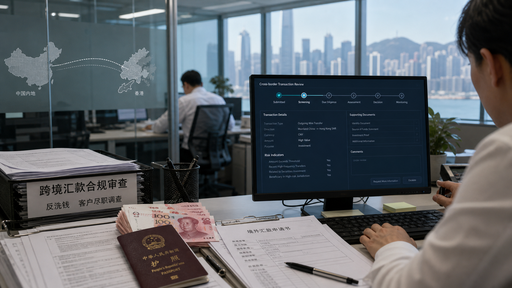 Realistic editorial image of bank compliance documents, RMB cash, and a computer showing a generic review workflow for offshore transfers.