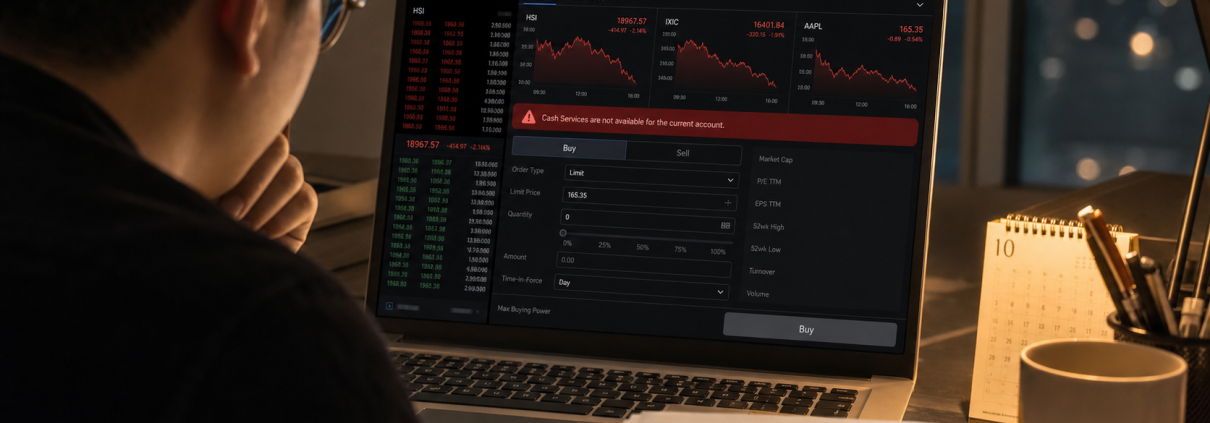 Realistic editorial image of a mainland Chinese investor viewing an overseas brokerage app with trading restrictions on a laptop.