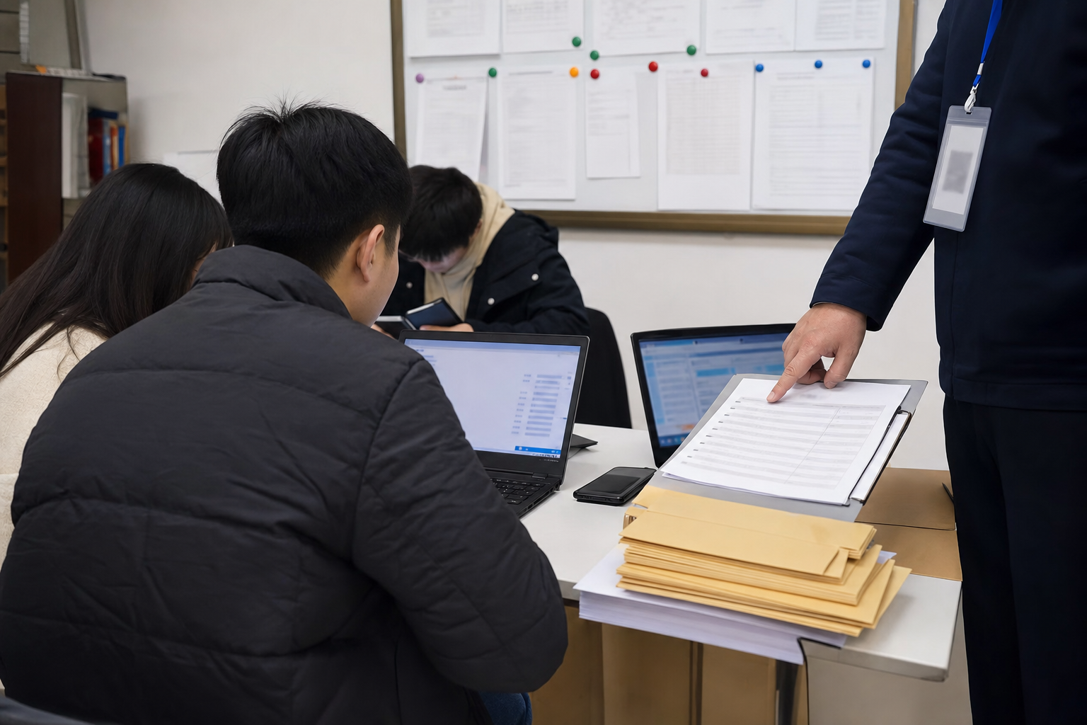 Realistic editorial image of anonymous students in a Chinese campus office during a VPN usage check.