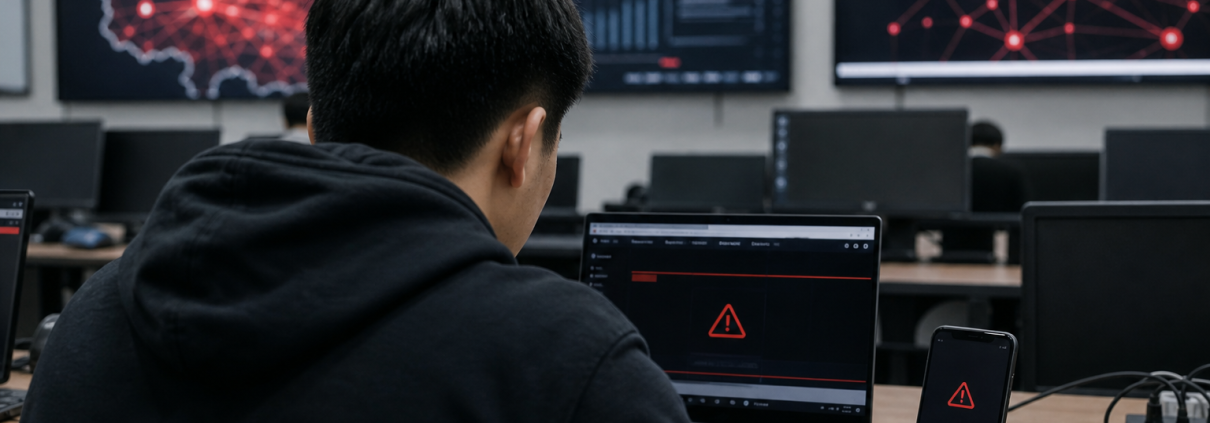 Realistic editorial image of an anonymous internet user in a Chinese computer lab facing blocked connection warnings.