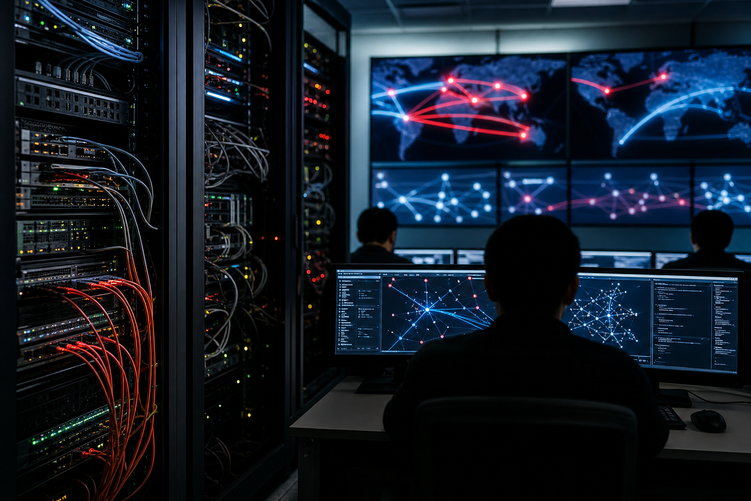 Realistic editorial image of a network operations room monitoring blocked overseas internet routes.