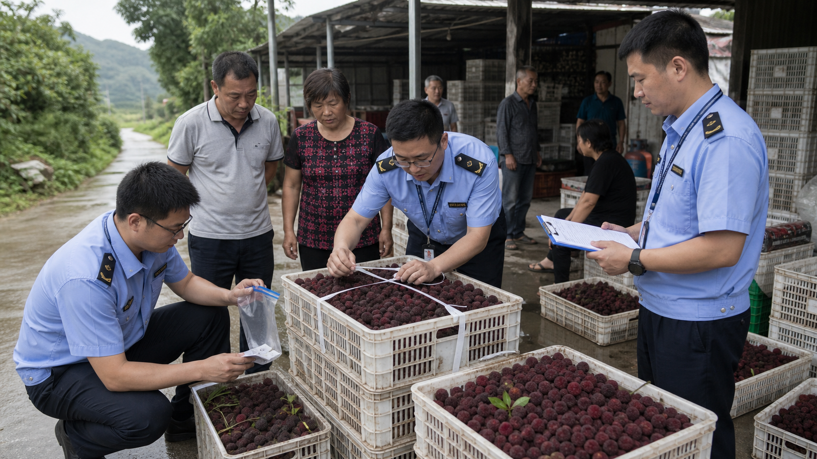 Realistic editorial image of food safety inspectors sealing crates of bayberries beside a roadside fruit depot in Fujian.