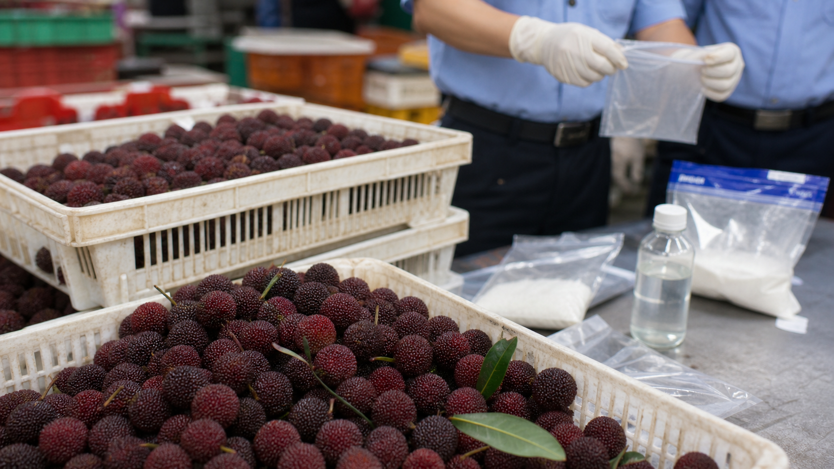 Realistic editorial image of bayberries in market crates with inspection gloves and sealed evidence bags.