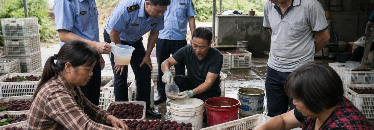 Realistic editorial image of bayberries in crates at a rural Fujian collection point during a food safety investigation.