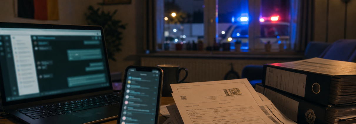 Blurred messaging screens and legal files inside a German apartment, illustrating a cross-border sexual assault investigation
