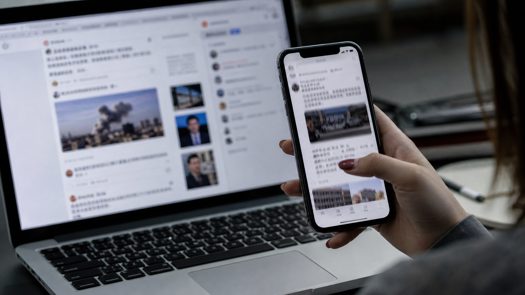 A smartphone and laptop displaying blurred Chinese-language social media feeds about a public-interest case