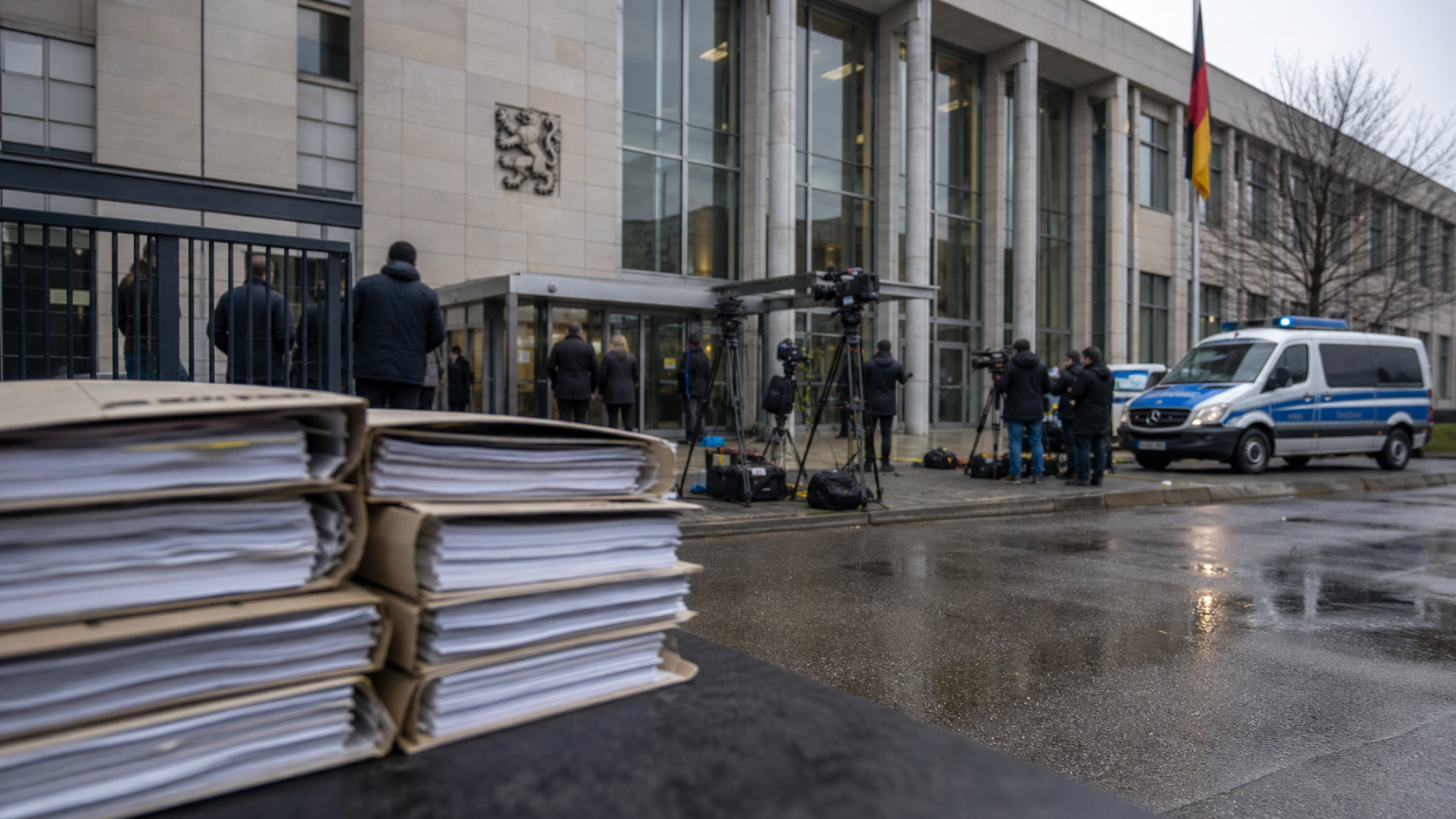 Press cameras and a police van outside a German courthouse on a rainy day