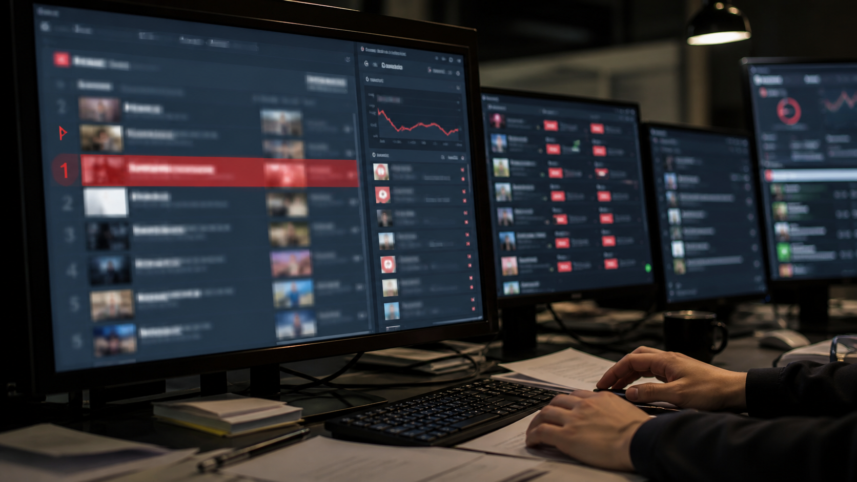 Realistic newsroom image of blurred Chinese social media trend dashboards with a redacted trending topic.