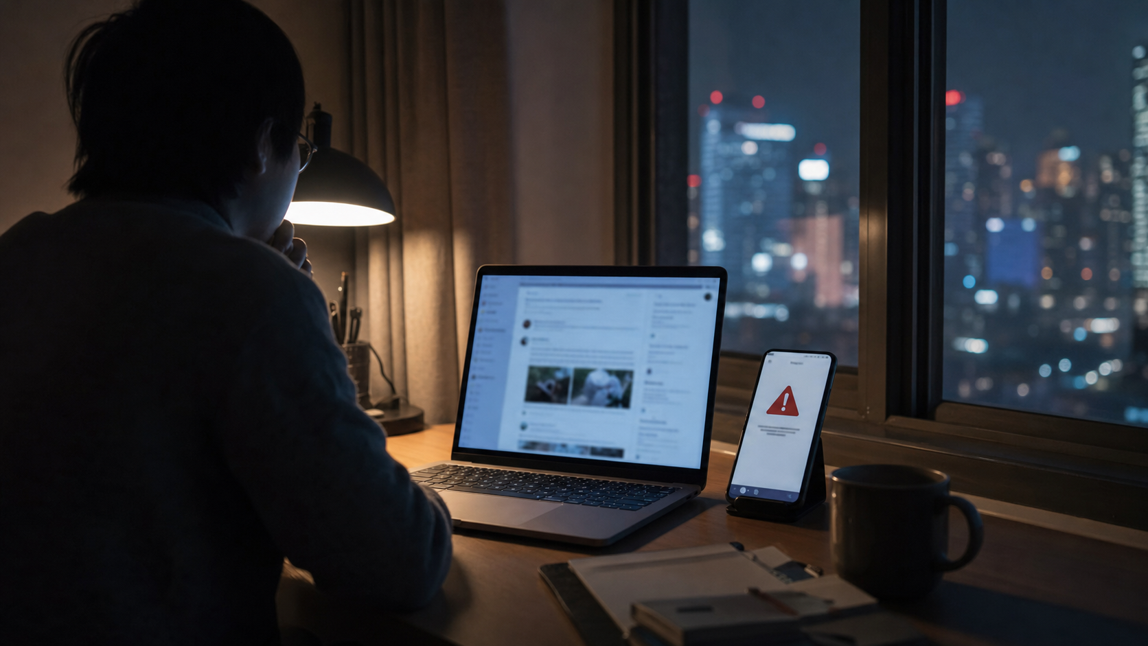 Realistic image of an anonymous internet user reading overseas social media at night while a phone shows a blocked-connection warning.