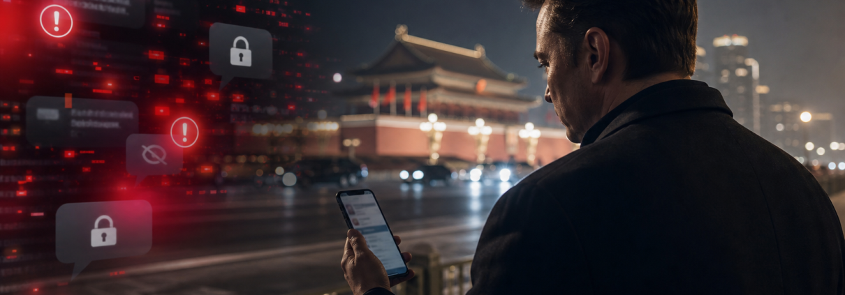 Realistic editorial image of a Western tech executive silhouette using a phone near Beijing, with abstract censorship warning icons.