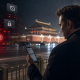 Realistic editorial image of a Western tech executive silhouette using a phone near Beijing, with abstract censorship warning icons.