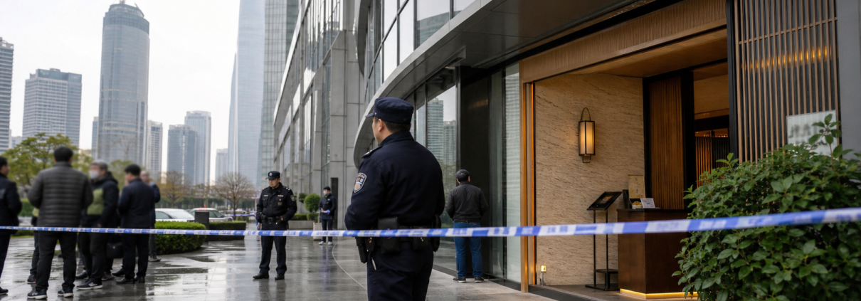 Realistic editorial image of the aftermath outside a Japanese restaurant in Shanghai's financial district after a knife attack.