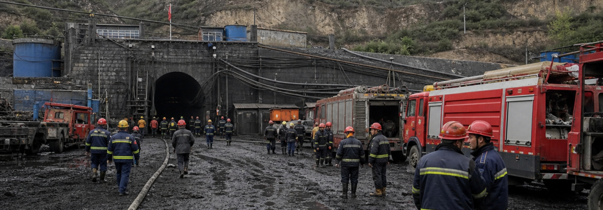 Realistic editorial image of rescue vehicles and mine workers outside a coal mine entrance after a gas explosion in Shanxi.