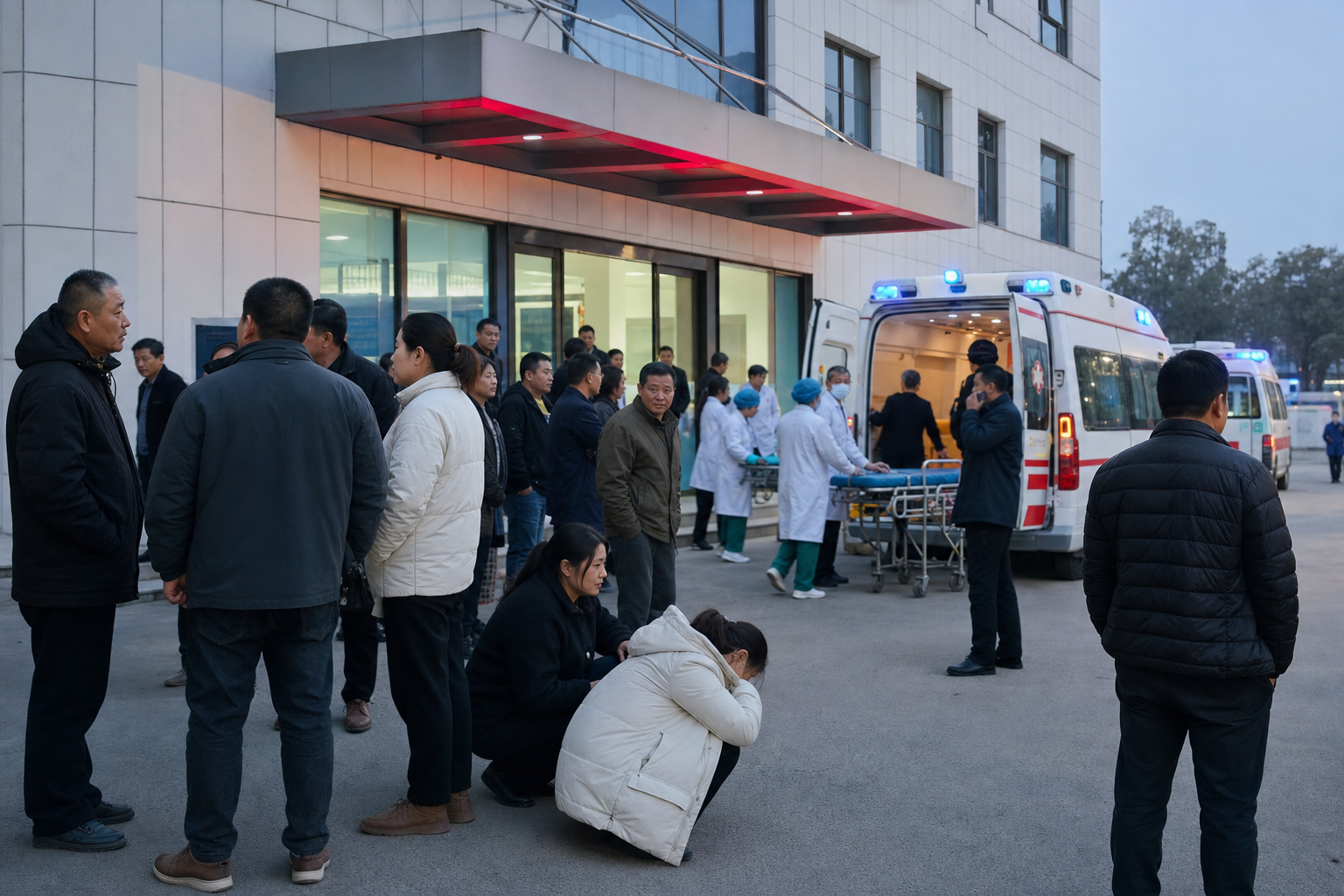 Realistic editorial image of ambulances, medical workers, and waiting relatives outside a county hospital after a coal mine accident.