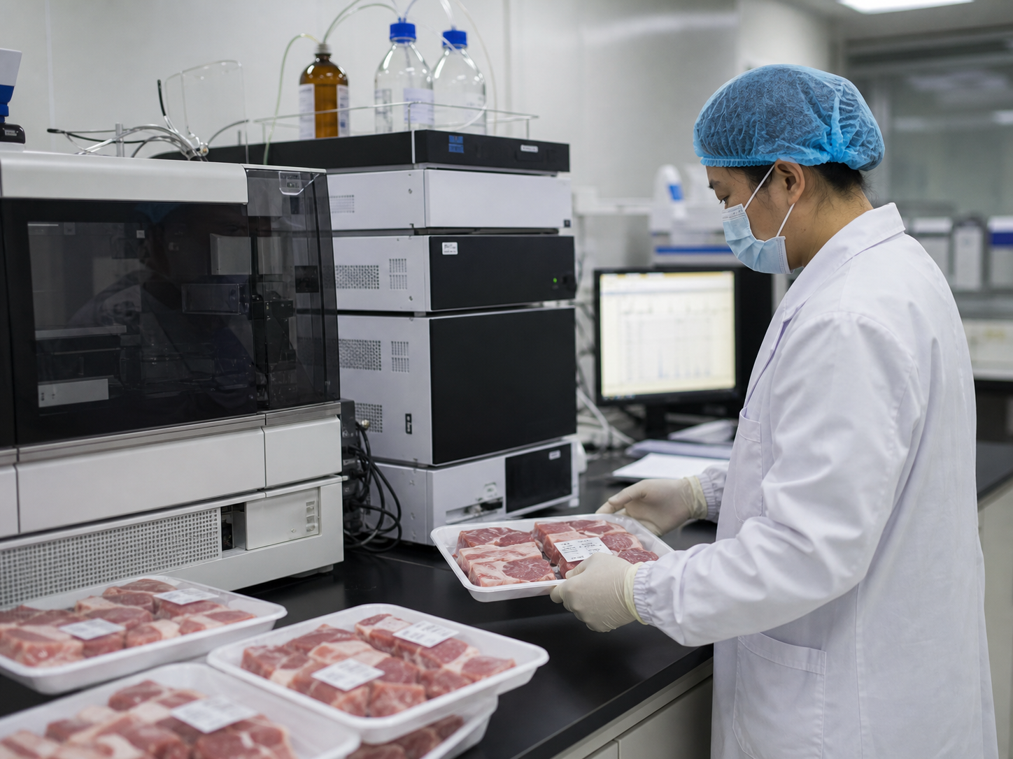 A food safety technician in China testing packaged pork samples in a laboratory