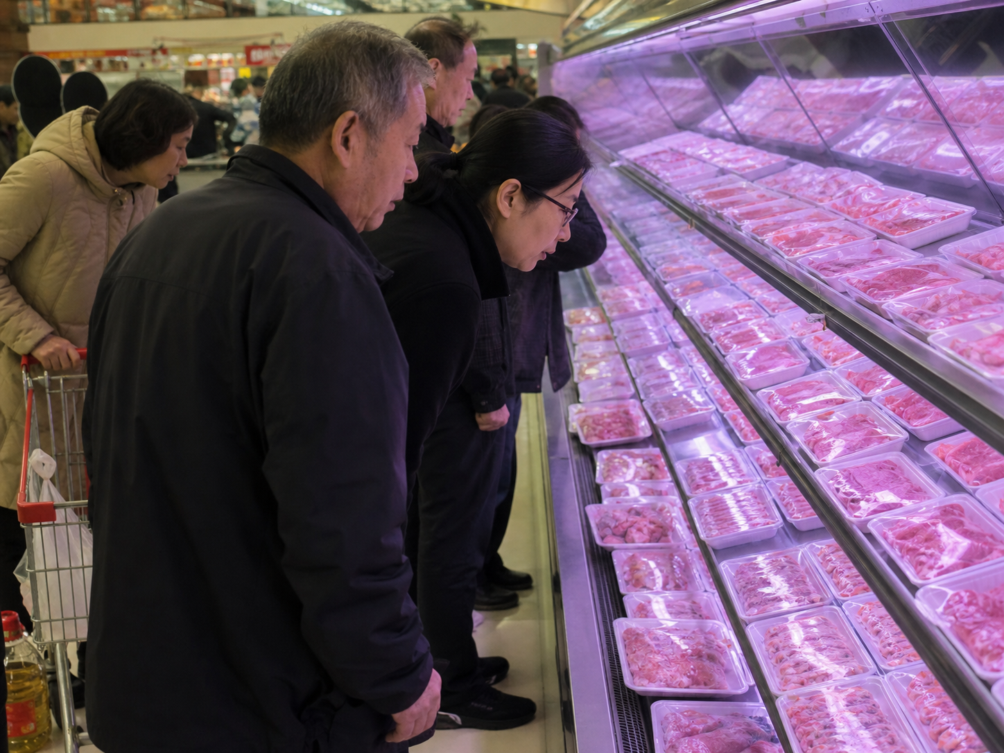 Chinese supermarket shoppers examining packaged pork in a refrigerated display