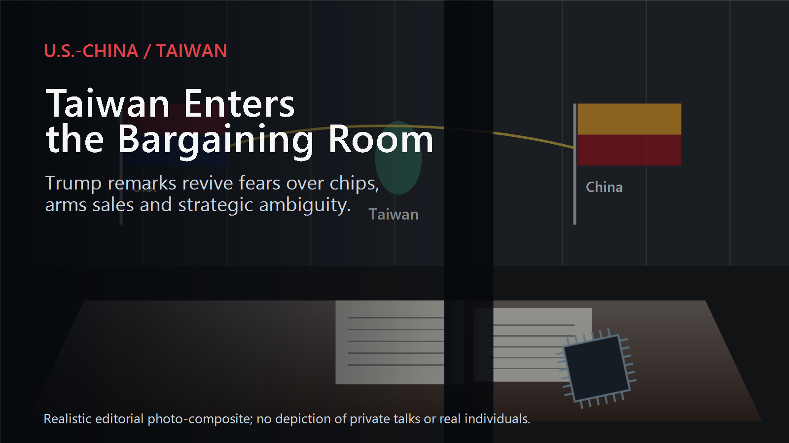 Realistic news cover showing Taiwan, semiconductor chips, and U.S.-China strategic pressure