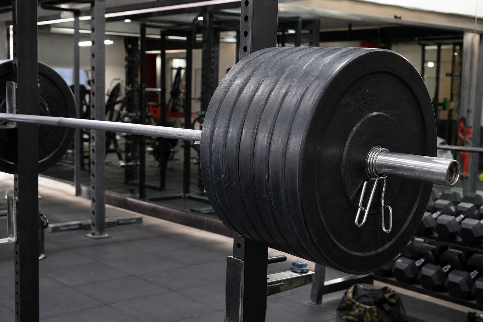 Close-up of a heavily loaded barbell on a squat rack inside a modern Chinese gym