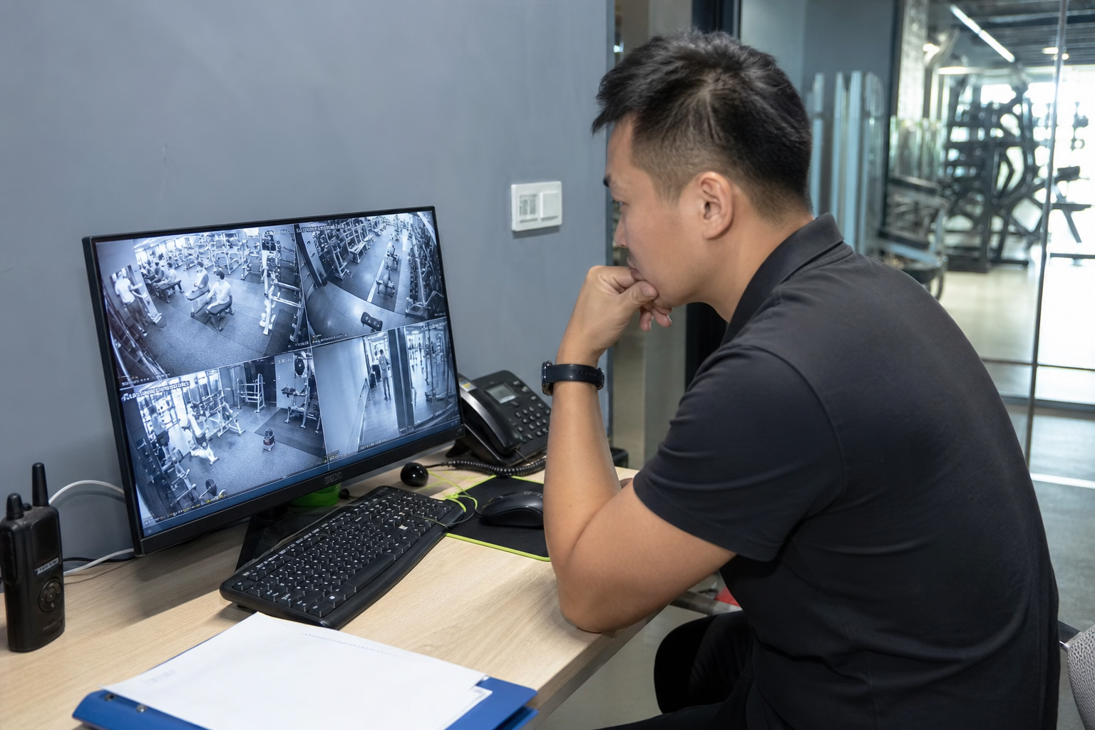 Gym staff member reviewing CCTV footage after a barbell safety incident
