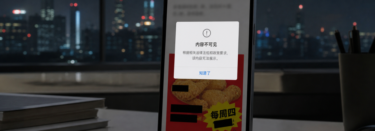 Realistic editorial image of a smartphone showing a generic blurred Chinese social media moderation notice over a fast food Thursday promotion graphic