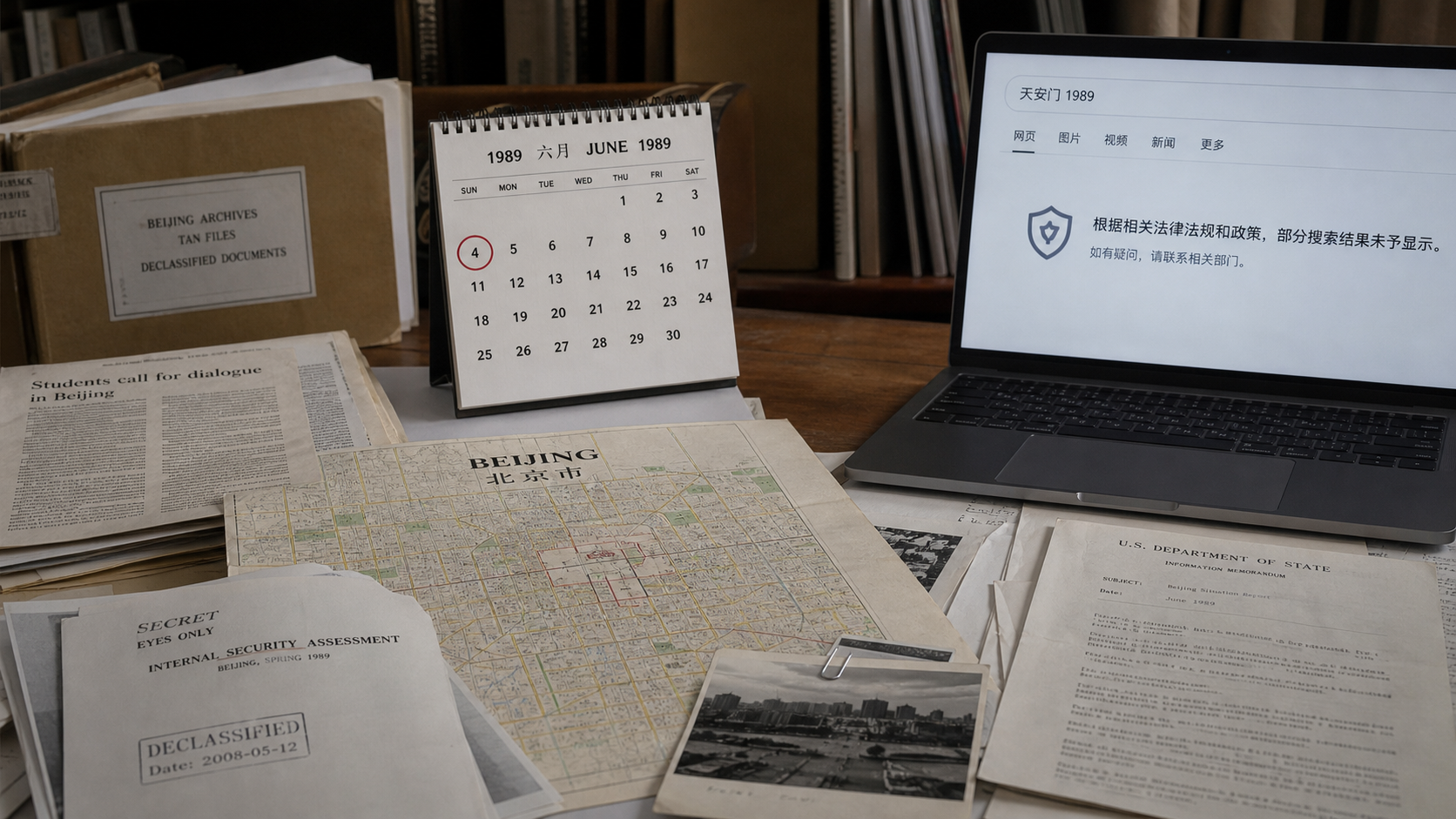 Realistic editorial image of archival research materials, a Beijing map, and a laptop showing blocked search results related to June 4 public memory