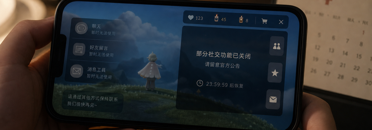 Realistic editorial image of a smartphone showing a muted social game chat interface next to a June calendar page marked 4 and a blurred Chinese moderation warning