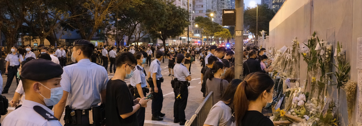 Police and plainclothes officers surround a woman holding a yellow paper flower in Causeway Bay on Hong Kong's June 4 anniversary.