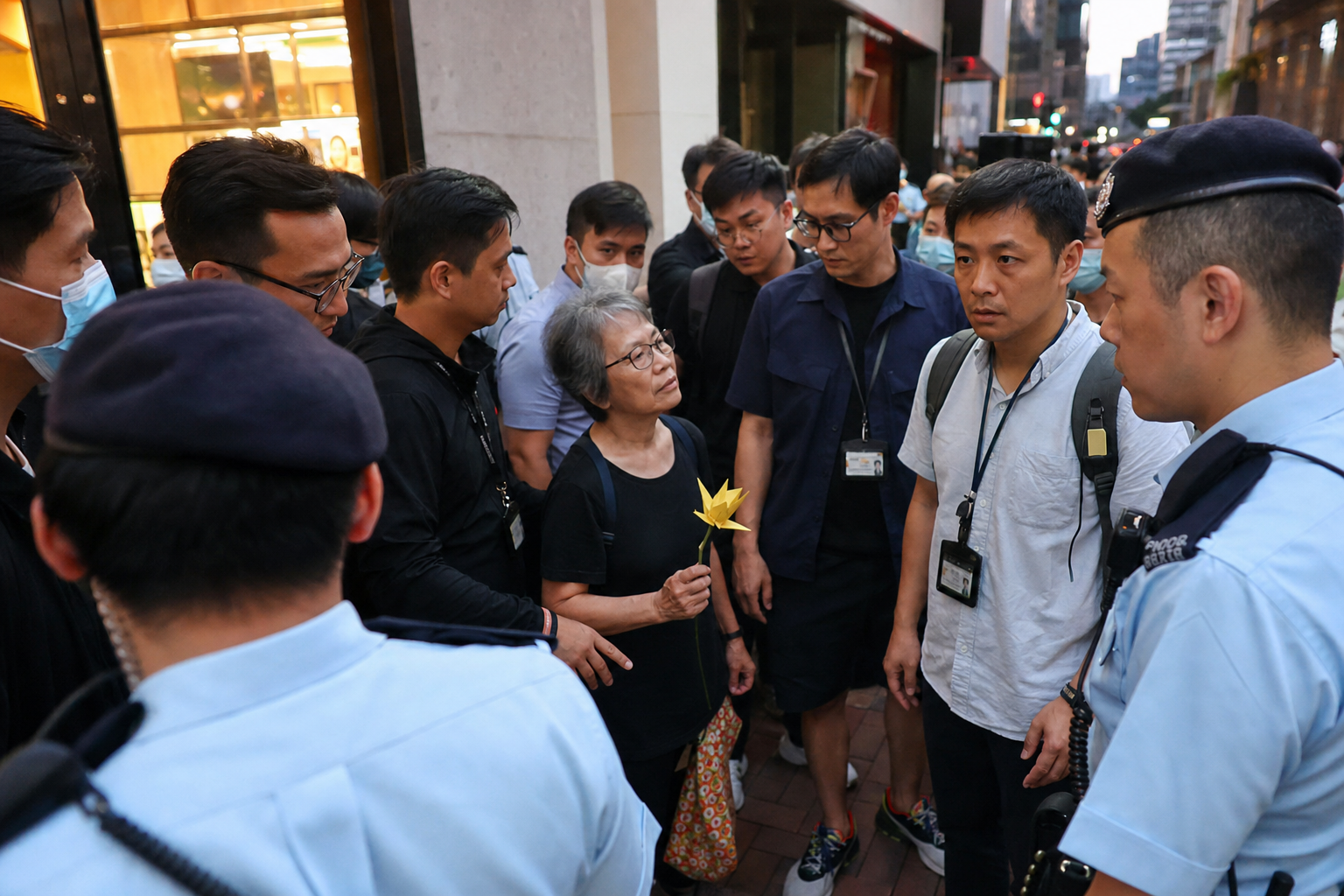 A yellow paper flower is held up in Causeway Bay with police blurred in the background.