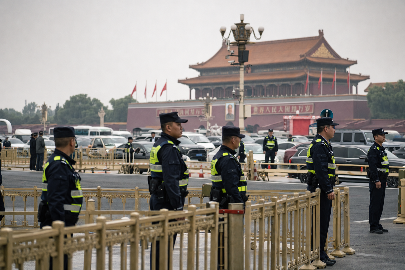 Security personnel stand near barriers in central Beijing during the June 4 Tiananmen anniversary.