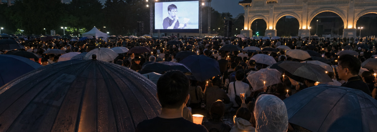 People gather with candles and umbrellas at Liberty Square in Taipei during a June 4 Tiananmen anniversary memorial.