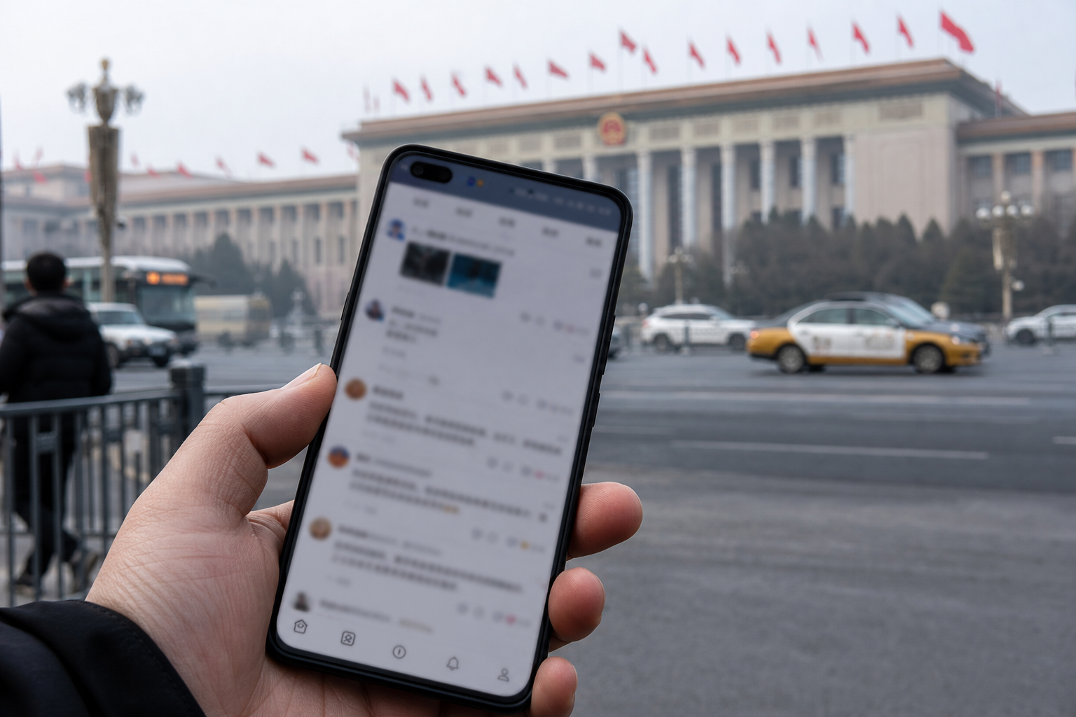 A smartphone displays a blurred social media post about gaokao and delivery work against an exam-day street scene.