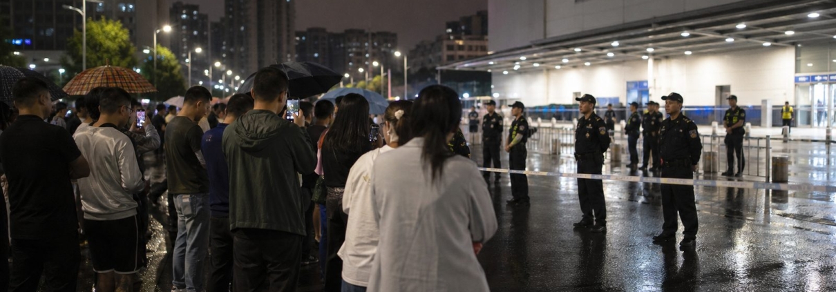 Night-time crowd outside a large retail building in Chongqing with police standing behind a cordon