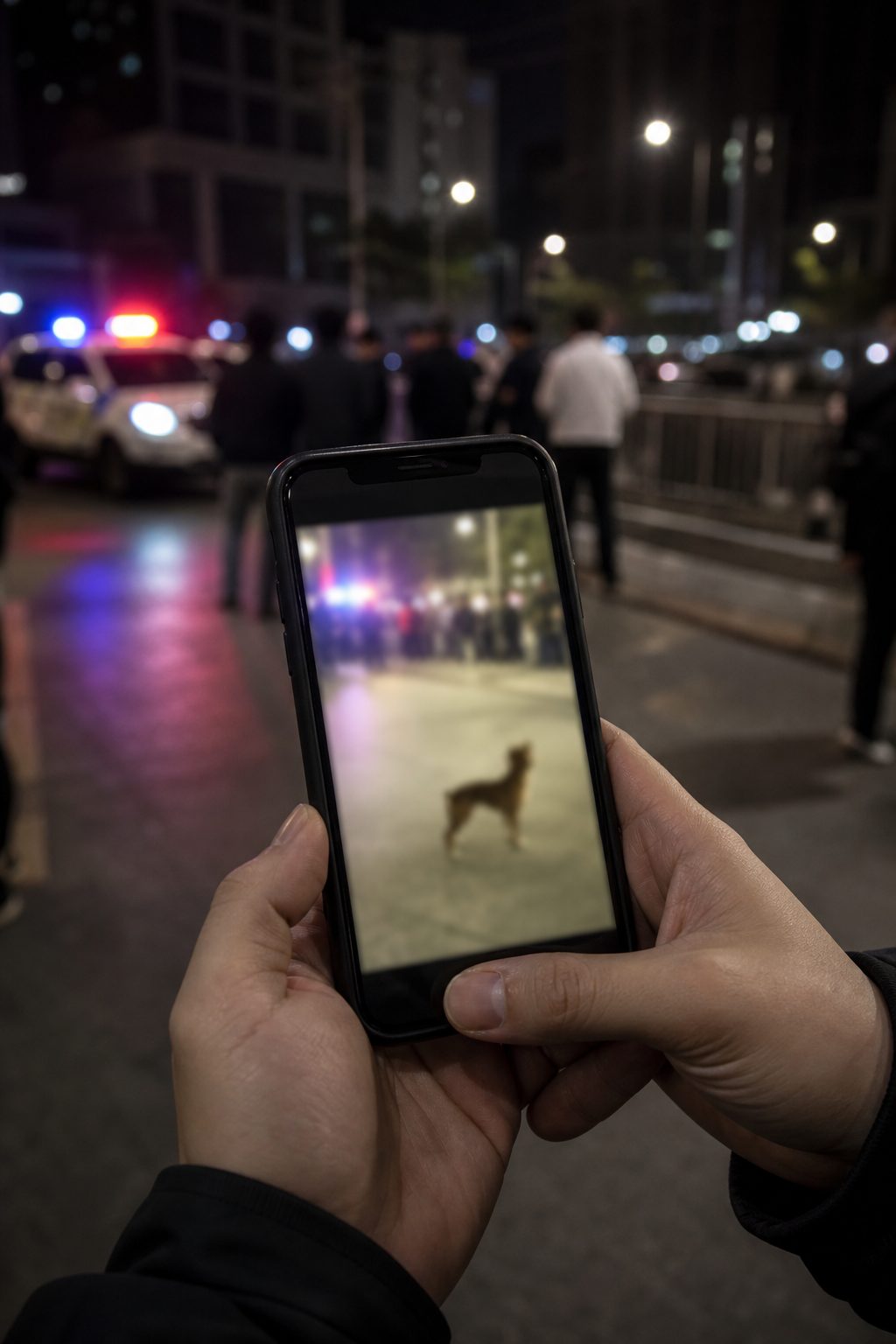 Smartphone showing a blurred night-time protest clip with police lights reflecting on the screen