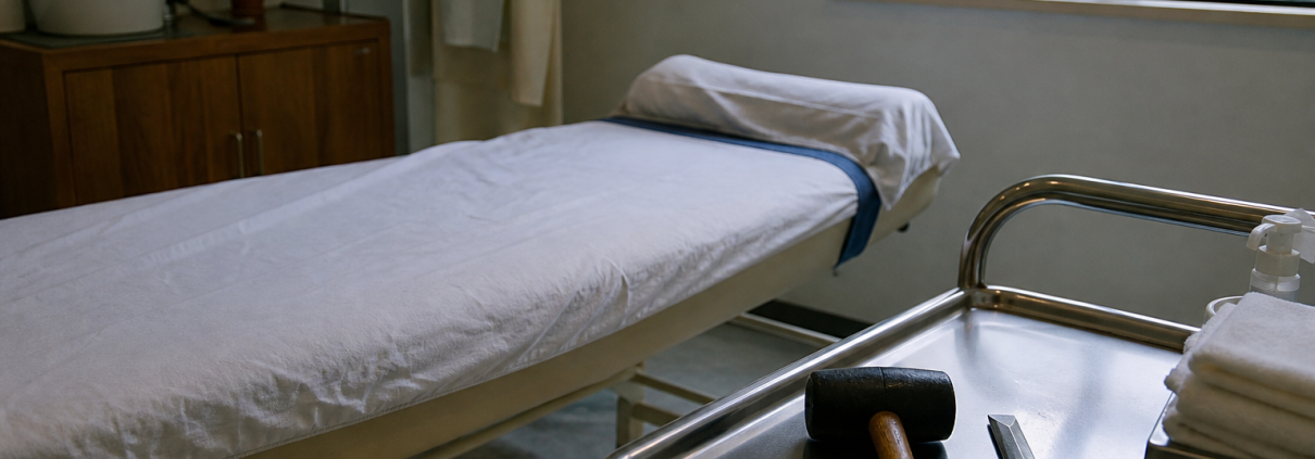 A treatment room in an urban Chinese massage shop with a mallet and metal tool beside a therapy bed.
