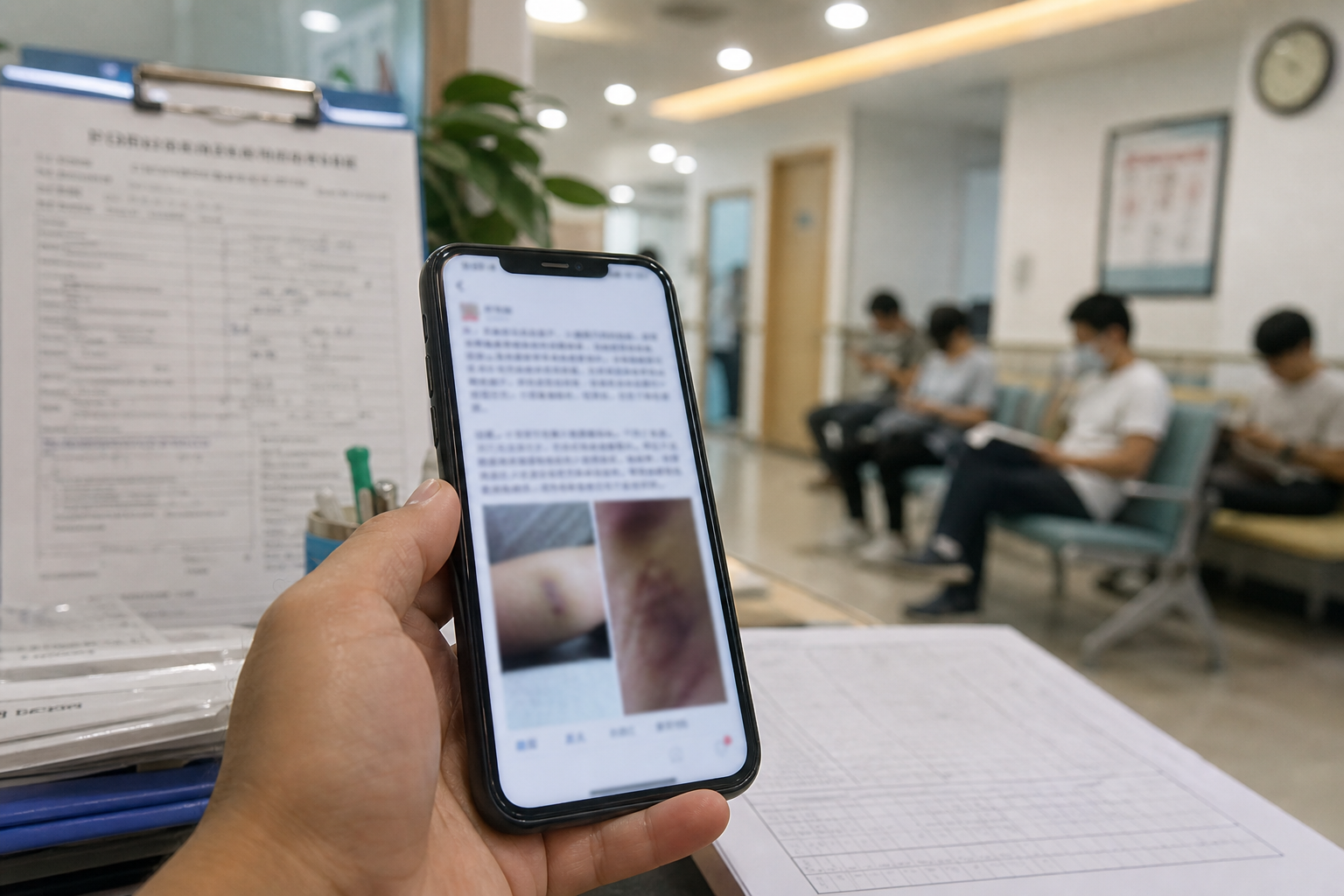 A smartphone shows a blurred injury complaint post with medical papers in the background.