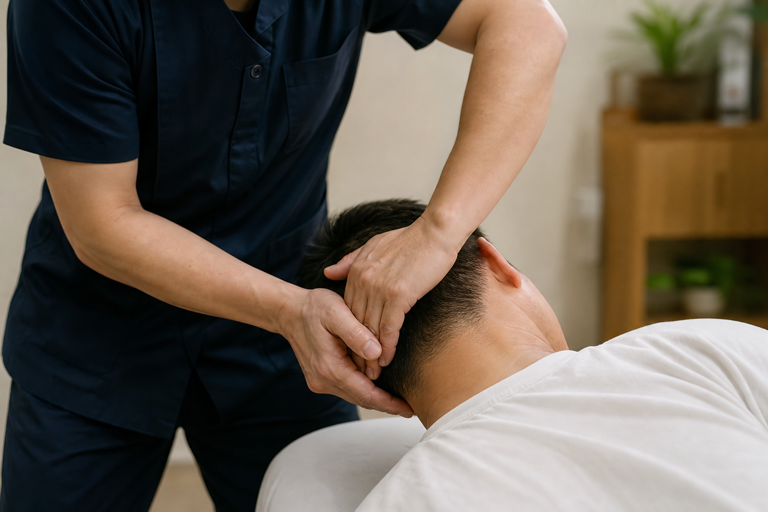 A close-up view of a forceful neck manipulation session in a Chinese therapy room.