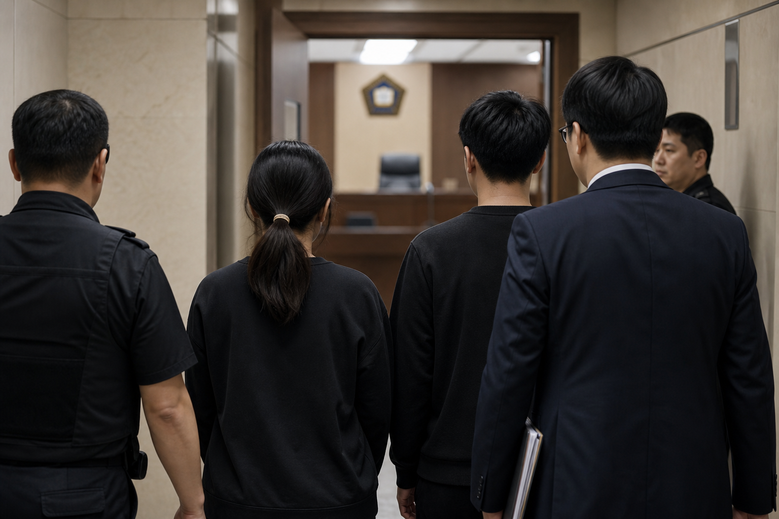 Two young adults stand in a courthouse corridor outside a hearing room.