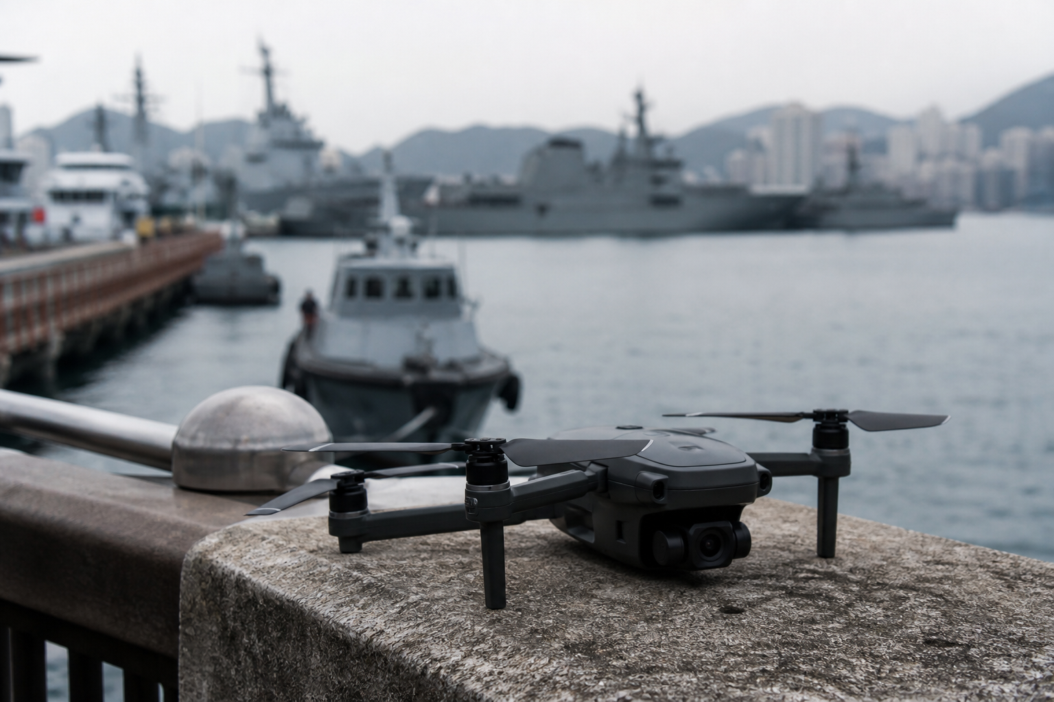 A small consumer drone near a waterfront railing with naval facilities in the background.