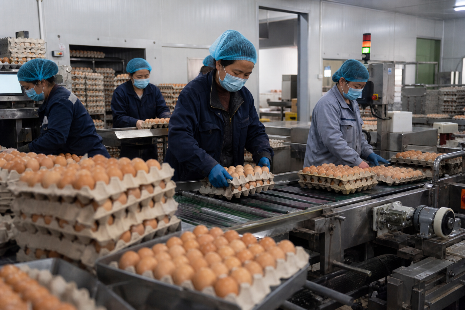 Workers inspect egg cartons moving along a packing line.