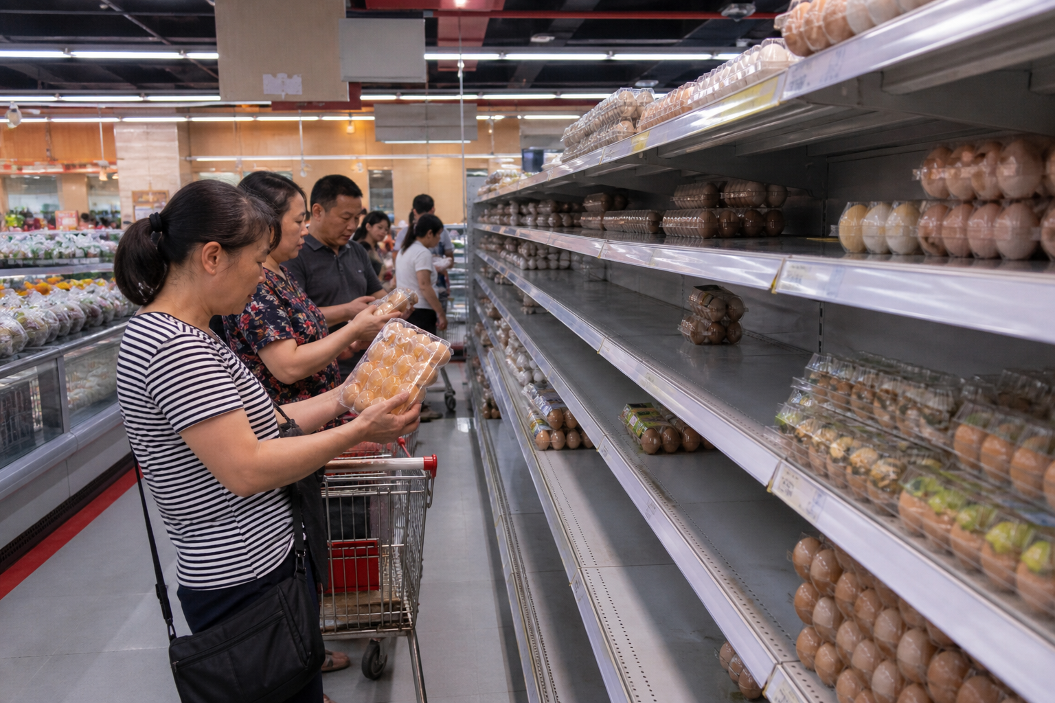 Shoppers compare egg cartons in a supermarket aisle with partially empty shelves.