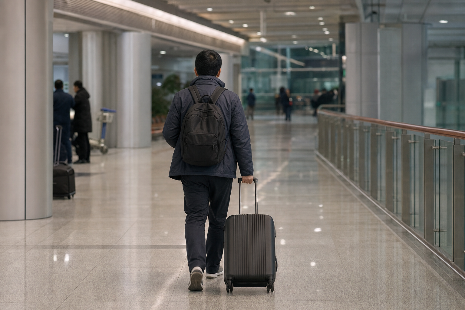 A lone traveler walks through an airport arrivals corridor.