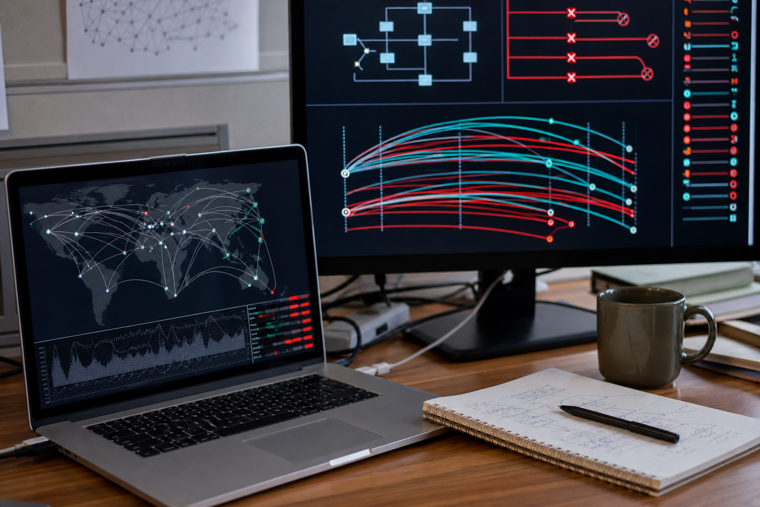 A laptop on a research desk displays abstract network diagrams.