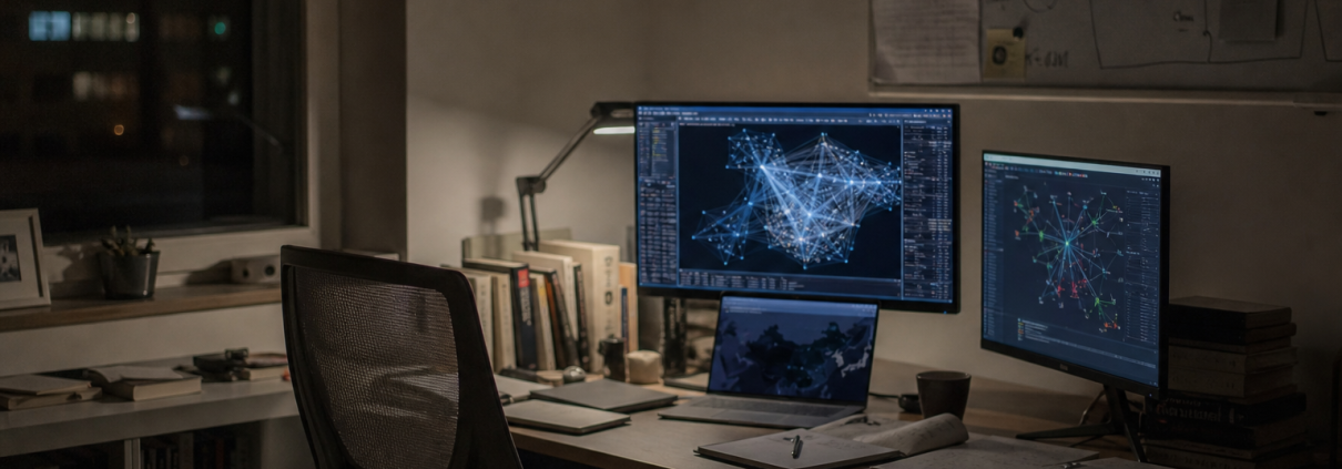An empty research workstation with network maps displayed on multiple monitors.