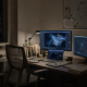 An empty research workstation with network maps displayed on multiple monitors.
