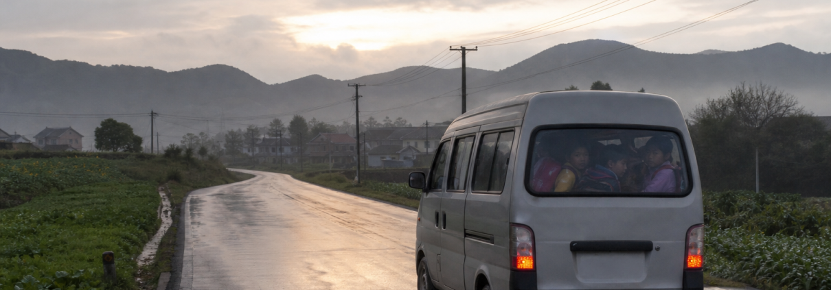 A small van traveling on a rural road in China during the early morning school commute.