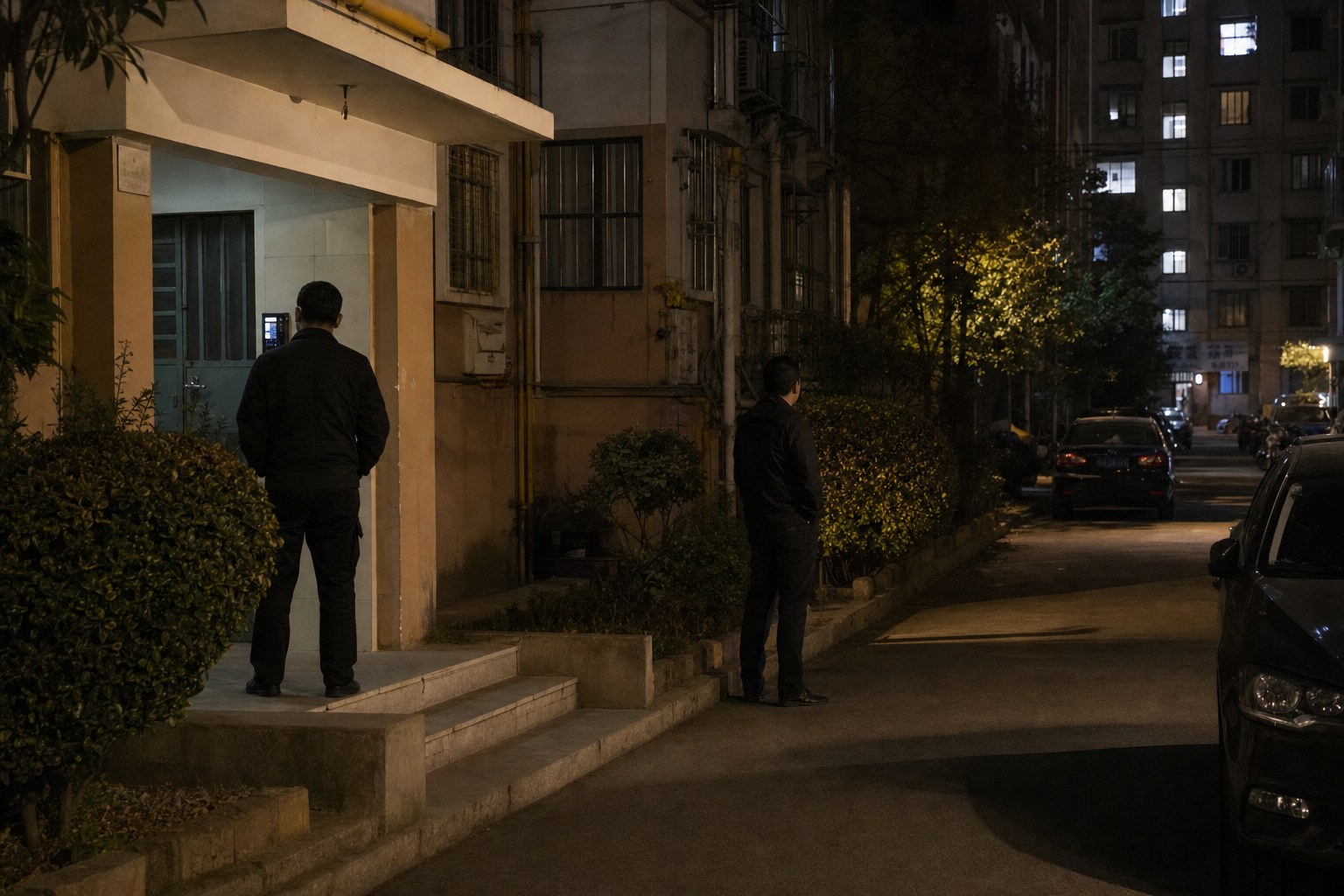 The exterior of a residential apartment building in a Chinese city at night.